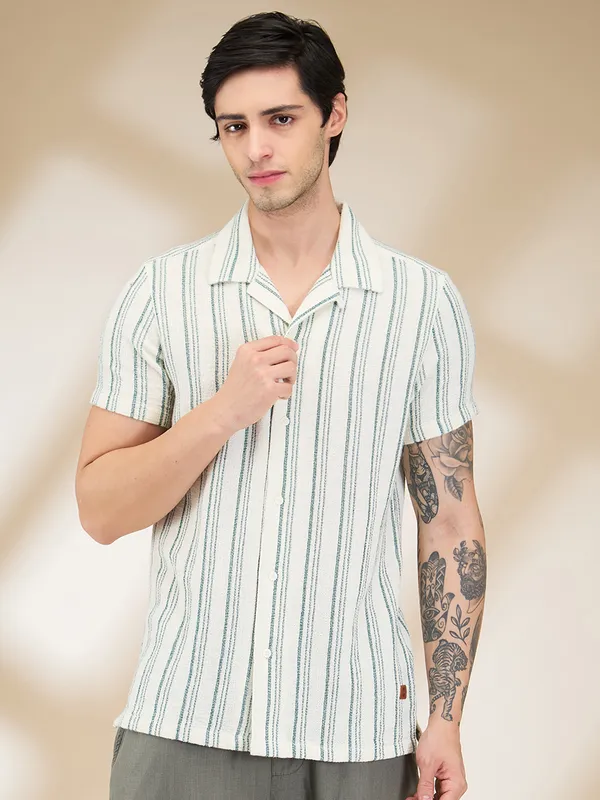 Being Human Clothing Men Green Vertical Stripes Camp Collar Shirt