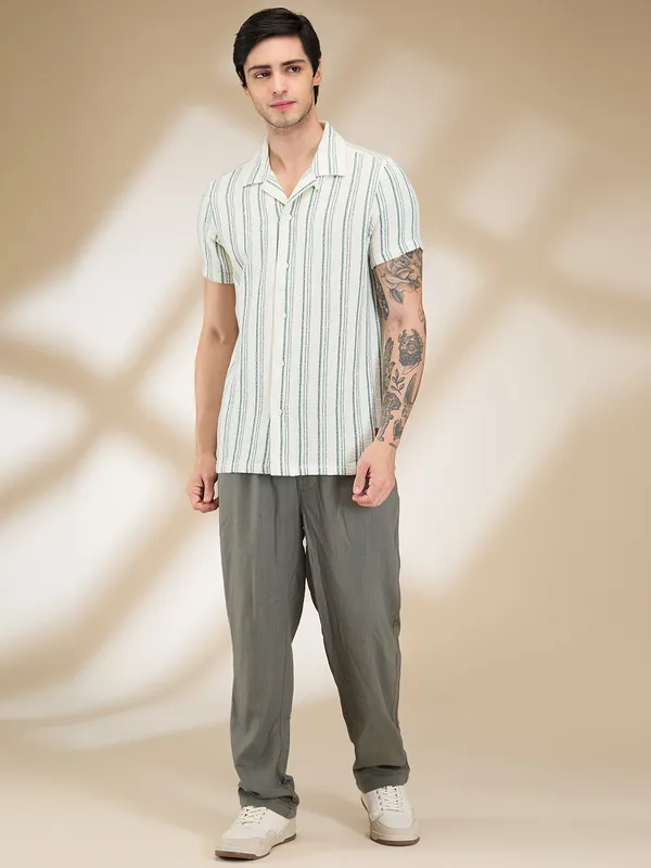 Being Human Clothing Men Green Vertical Stripes Camp Collar Shirt