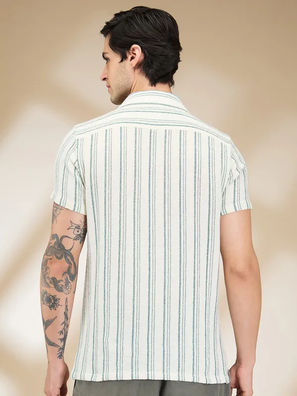Being Human Clothing Men Green Vertical Stripes Camp Collar Shirt