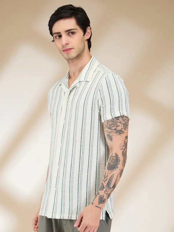 Being Human Clothing Men Green Vertical Stripes Camp Collar Shirt