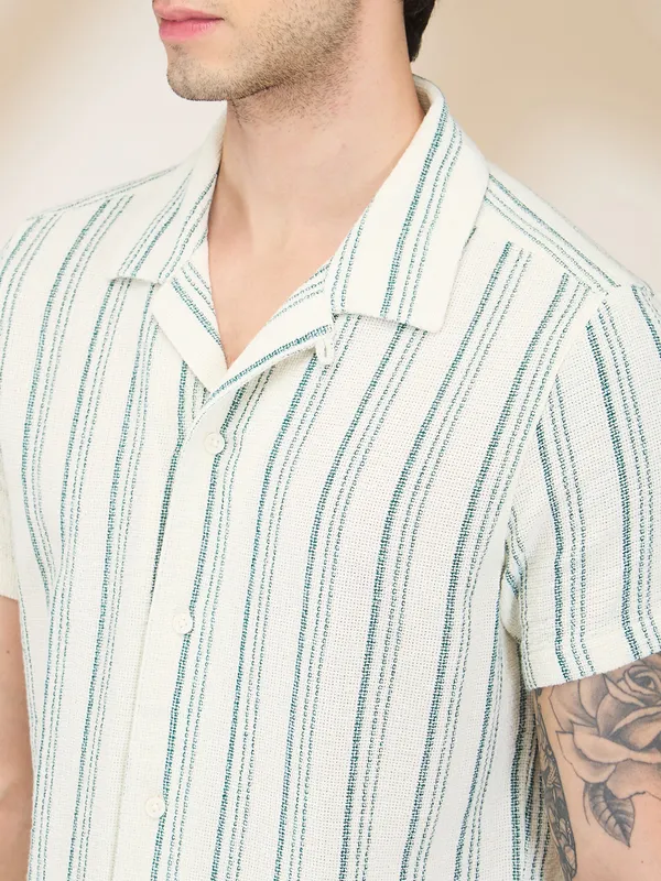Being Human Clothing Men Green Vertical Stripes Camp Collar Shirt