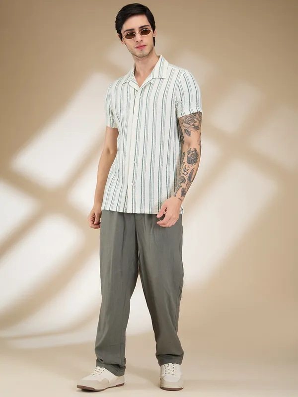 Being Human Clothing Men Green Vertical Stripes Camp Collar Shirt