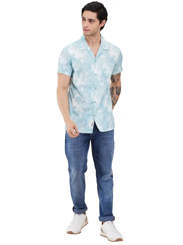 Being Human Clothing Men Green Abstract Camp Collar Shirt