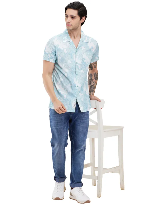 Being Human Clothing Men Green Abstract Camp Collar Shirt