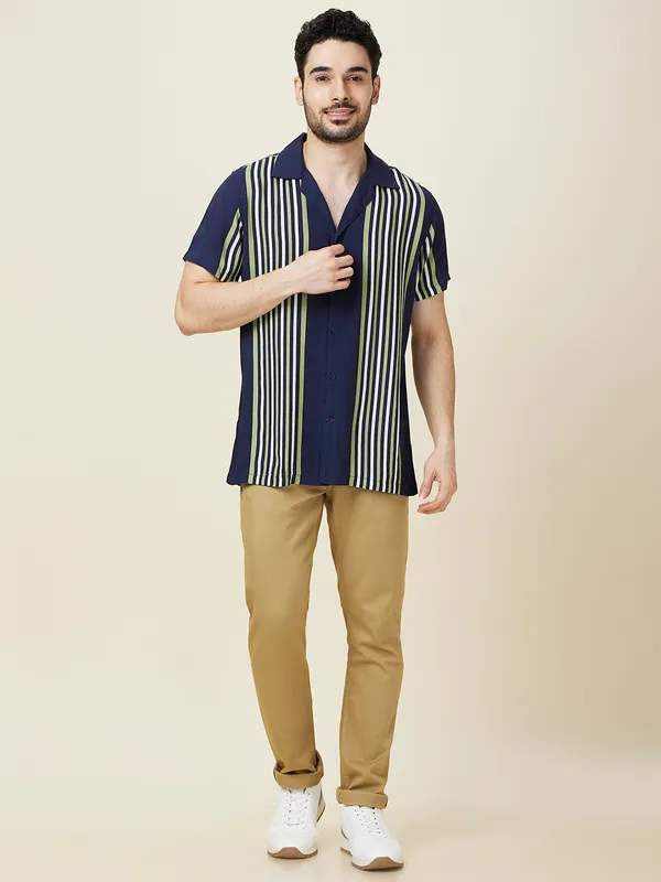 Being Human Men Blue Vertical Stripes Camp Collar Shirt