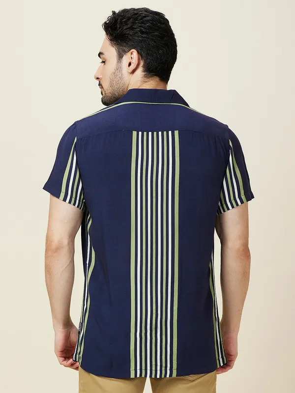 Being Human Men Blue Vertical Stripes Camp Collar Shirt