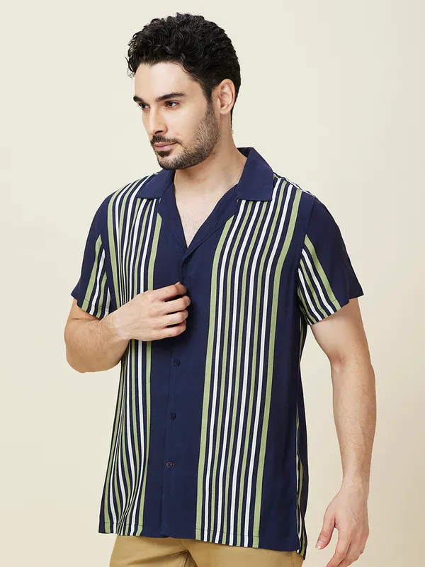 Being Human Men Blue Vertical Stripes Camp Collar Shirt