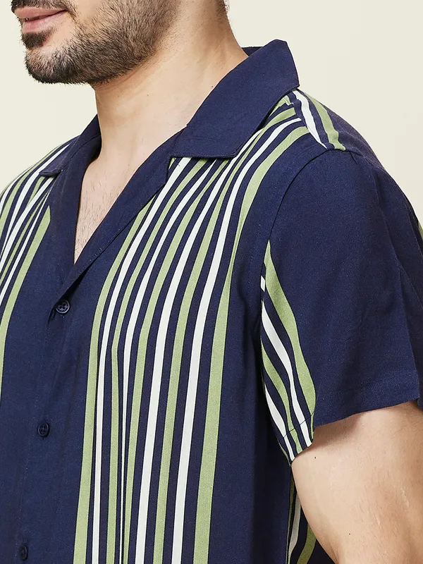Being Human Men Blue Vertical Stripes Camp Collar Shirt