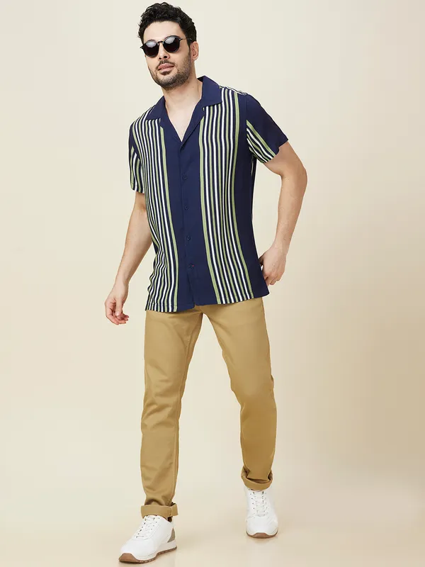 Being Human Men Blue Vertical Stripes Camp Collar Shirt