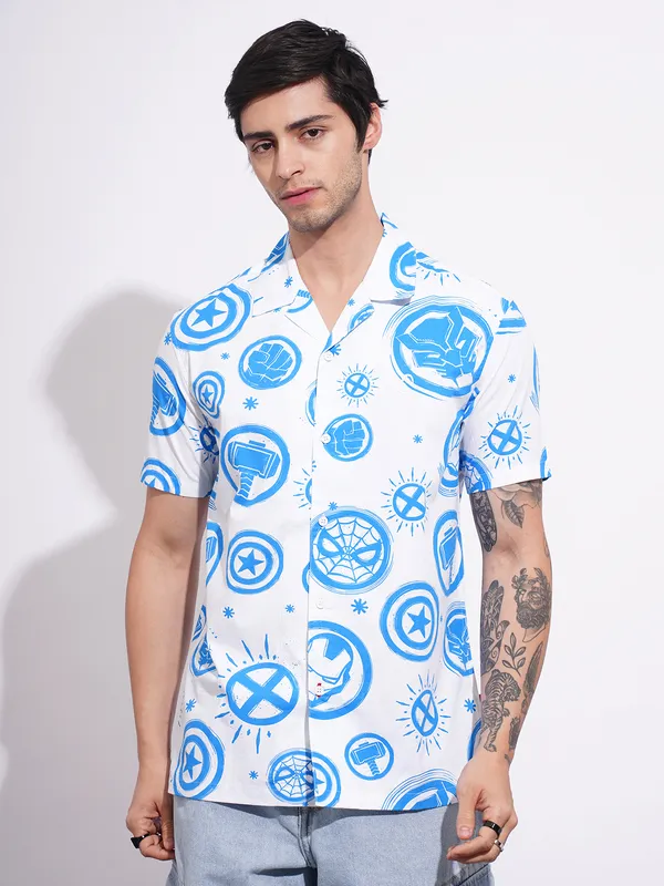 Being Human Men's White Marvel Camp Shirt