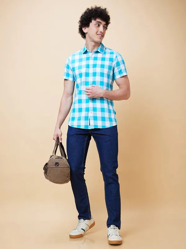 Being Human Men Slim Fit Shirts-Aqua