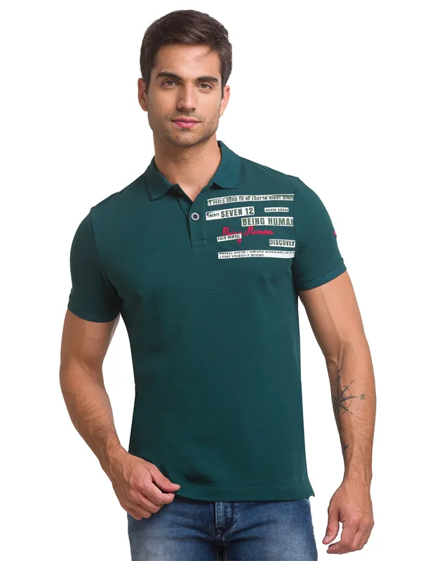 Being Human Slim Fit Men Polo Neck T-Shirts-Forest Green