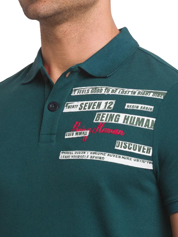 Being Human Slim Fit Men Polo Neck T-Shirts-Forest Green