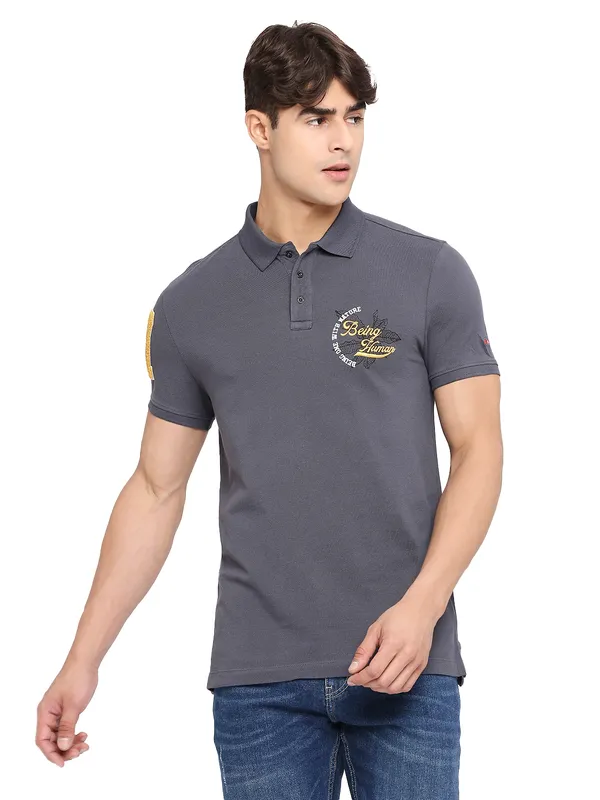 Being Human Slim Fit Men Polo Neck T-Shirts-Charcoal