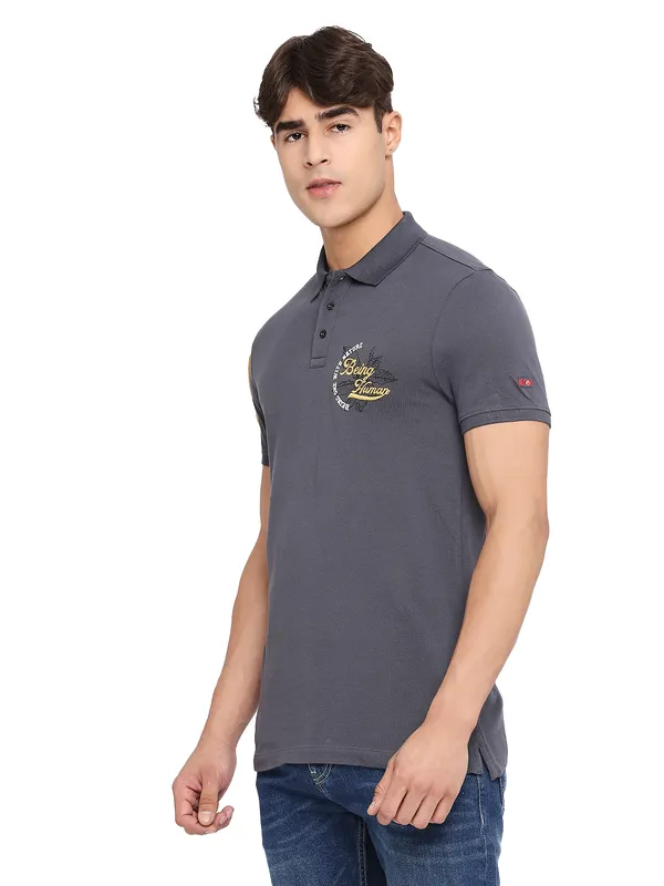 Being Human Slim Fit Men Polo Neck T-Shirts-Charcoal