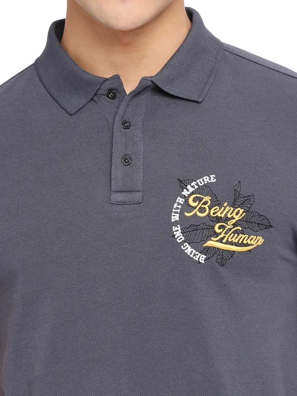 Being Human Slim Fit Men Polo Neck T-Shirts-Charcoal