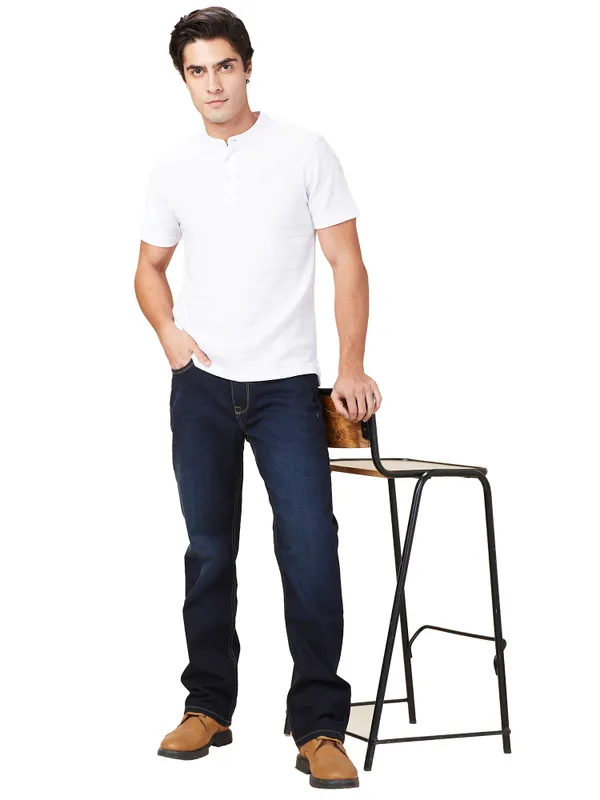 Being Human Clothing Men White Textured Band Collar T-Shirt