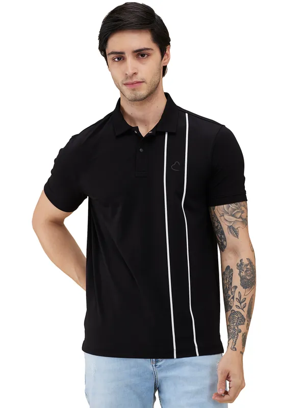 Being Human Clothing Men Black Vertical Stripes Polo Neck T-Shirt