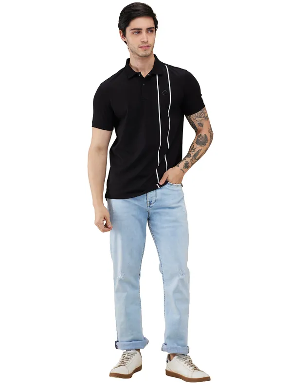 Being Human Clothing Men Black Vertical Stripes Polo Neck T-Shirt