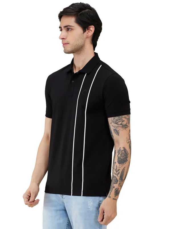 Being Human Clothing Men Black Vertical Stripes Polo Neck T-Shirt
