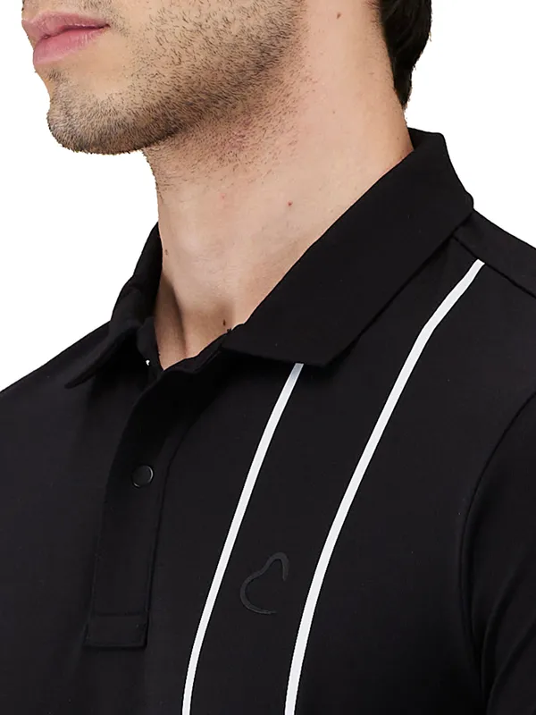 Being Human Clothing Men Black Vertical Stripes Polo Neck T-Shirt