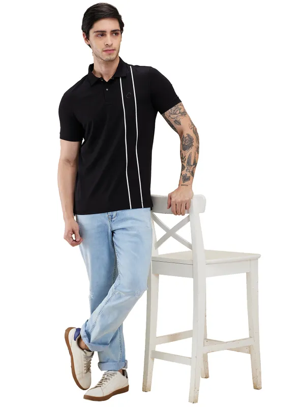 Being Human Clothing Men Black Vertical Stripes Polo Neck T-Shirt