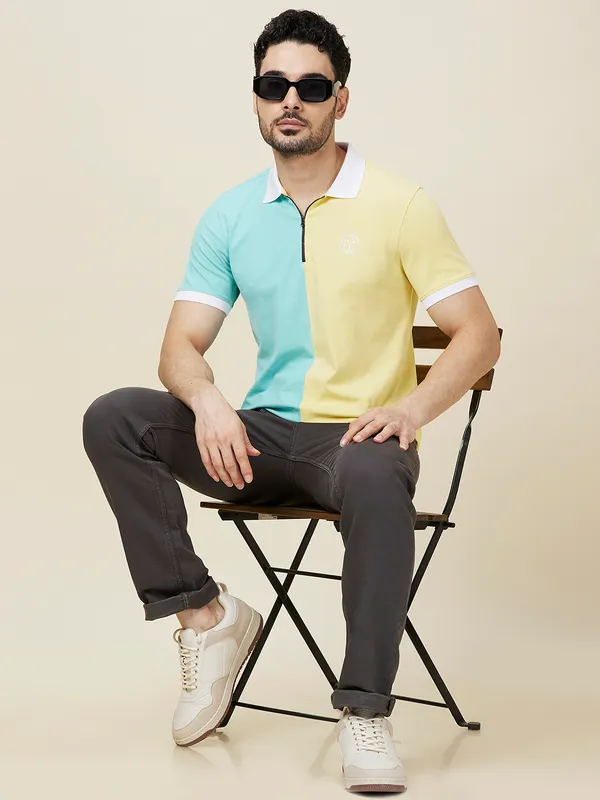 Being Human Clothing Men Yellow Color Block Polo Neck T-Shirt