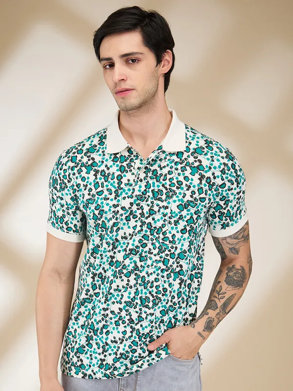 Being Human Clothing Men White Abstract Polo Neck T-Shirt