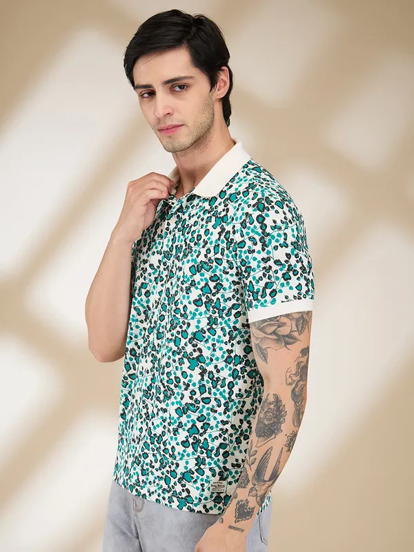 Being Human Clothing Men White Abstract Polo Neck T-Shirt