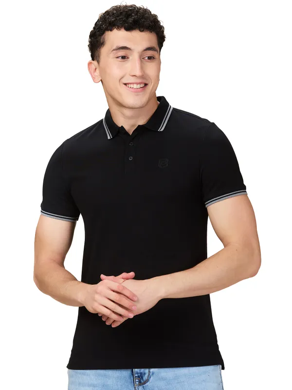 Being Human Men Black Solid Polo Neck T-Shirt
