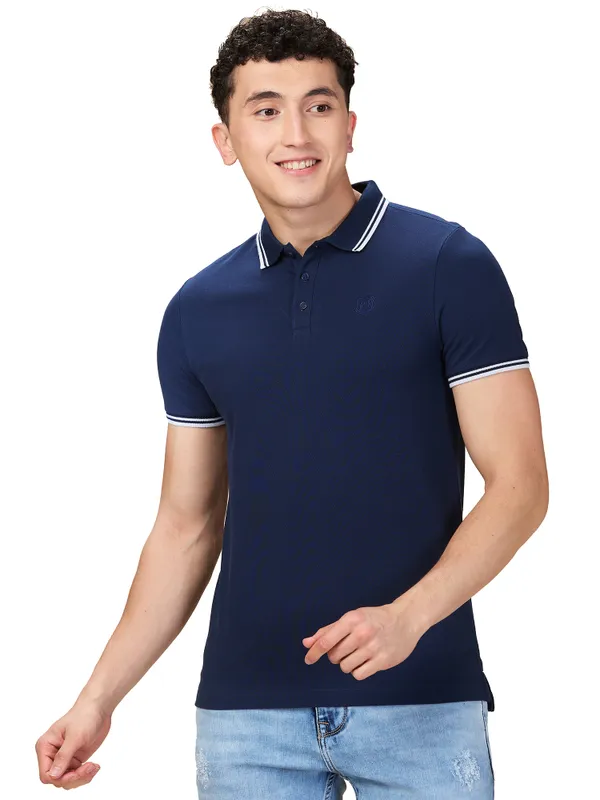 Being Human Men Blue Solid Polo Neck T-Shirt