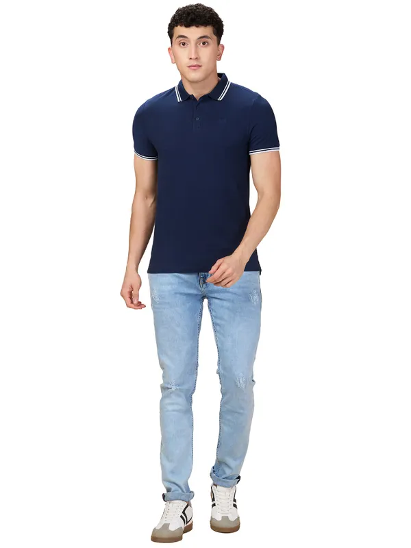 Being Human Men Blue Solid Polo Neck T-Shirt