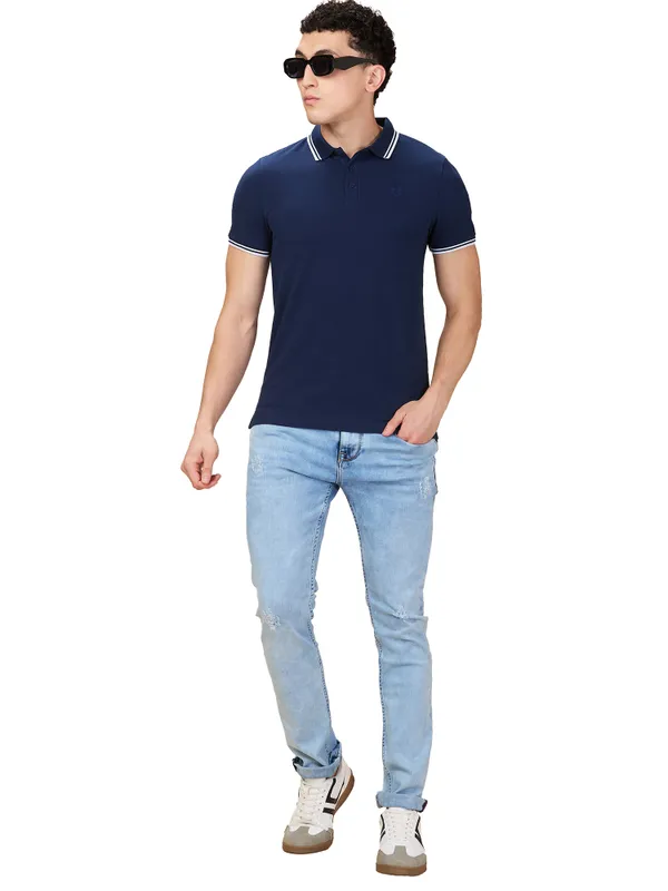 Being Human Men Blue Solid Polo Neck T-Shirt