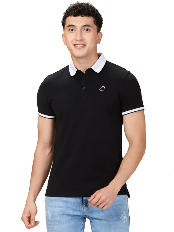 Being Human Men Black Solid Polo Neck T-Shirt