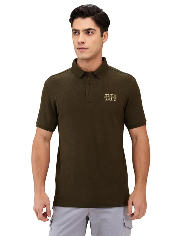 Being Human Clothing Men Brown Textured Polo Neck T-Shirt