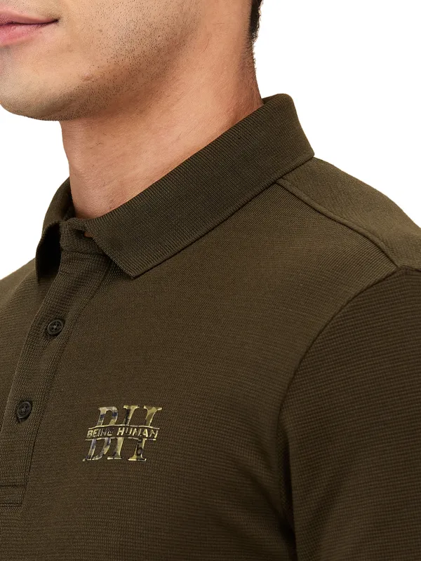 Being Human Clothing Men Brown Textured Polo Neck T-Shirt