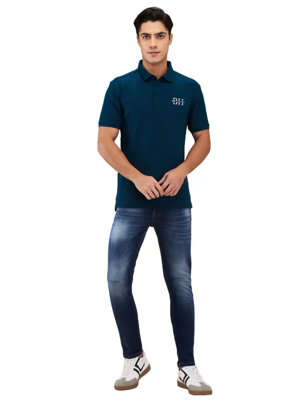 Being Human Clothing Men Green Textured Polo Neck T-Shirt