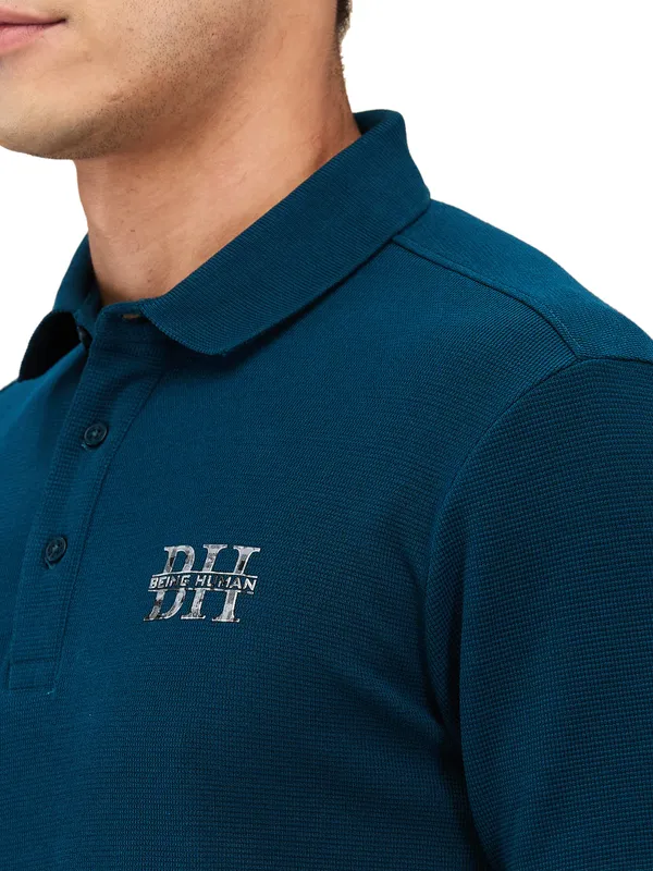 Being Human Clothing Men Green Textured Polo Neck T-Shirt