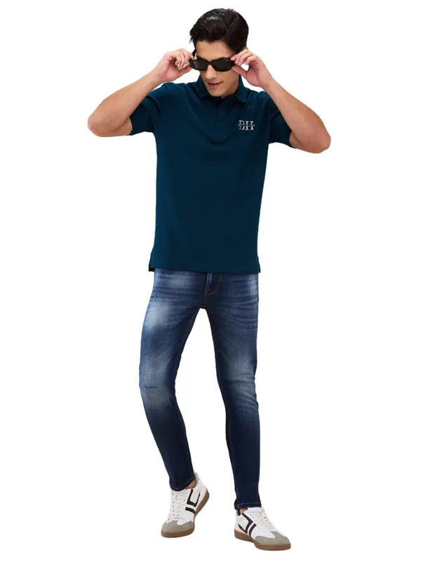 Being Human Clothing Men Green Textured Polo Neck T-Shirt