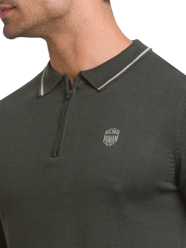 Being Human Regular Fit Men Polo Neck T-Shirts-Army Green