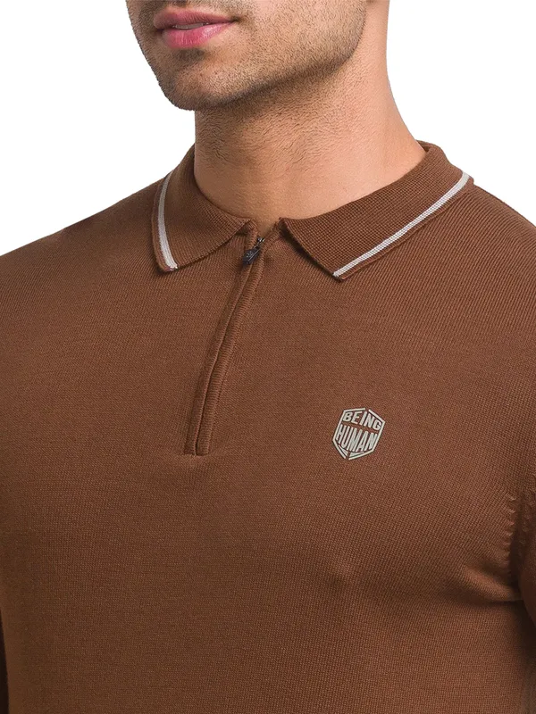 Being Human Regular Fit Men Polo Neck T-Shirts-Brown
