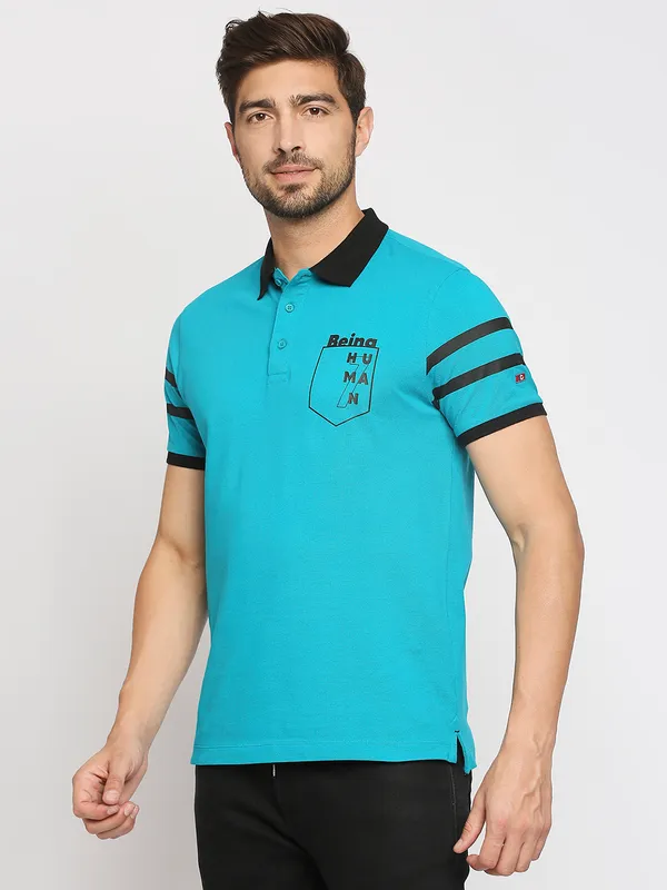 Being Human Regular Fit Men Polo Neck T-Shirts-Lake Blue