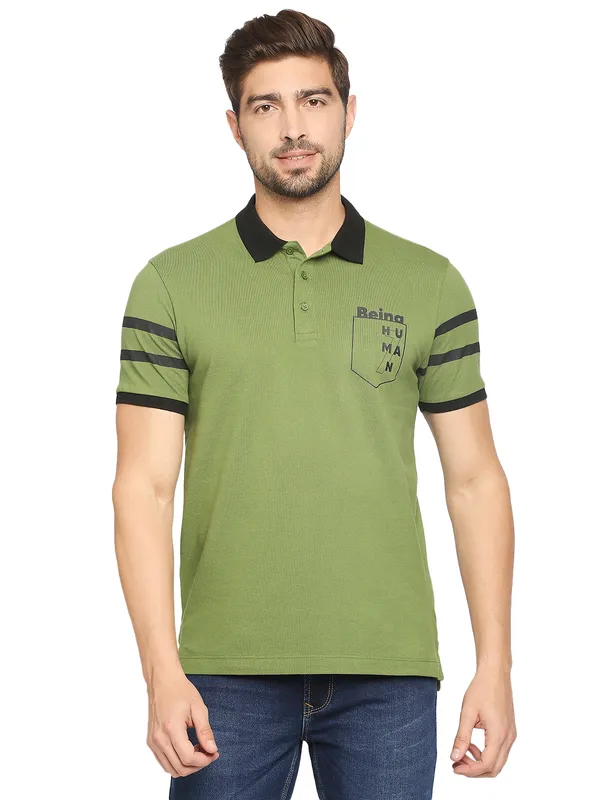 Being Human Regular Fit Men Polo Neck T-Shirts-Olive