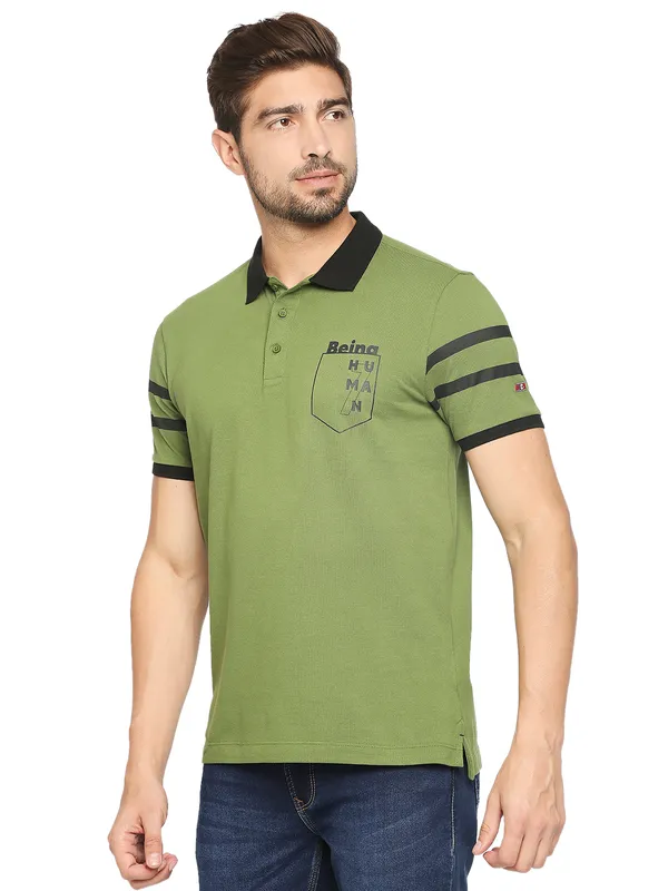 Being Human Regular Fit Men Polo Neck T-Shirts-Olive