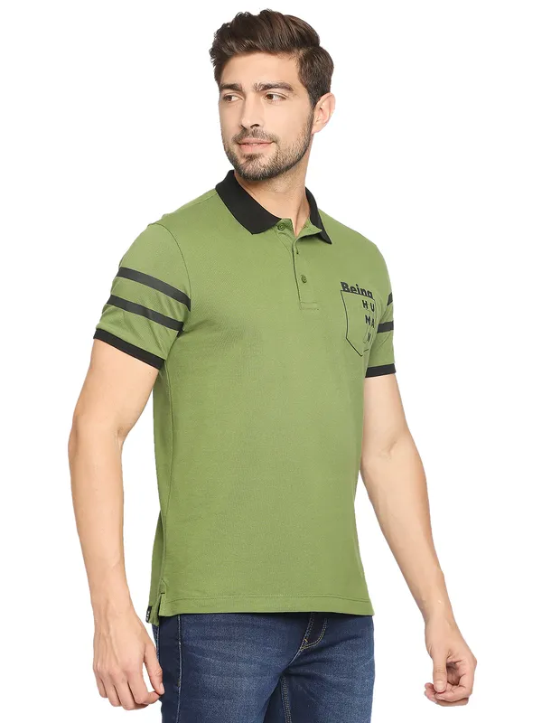 Being Human Regular Fit Men Polo Neck T-Shirts-Olive