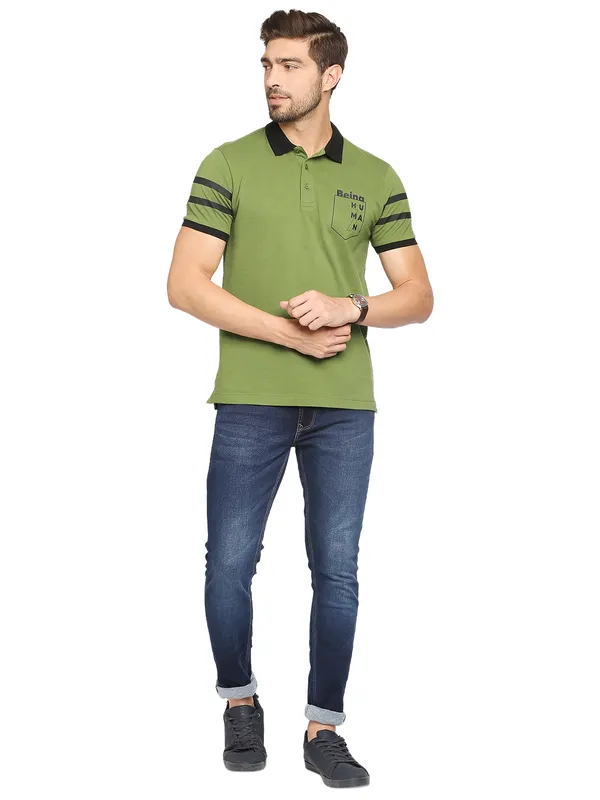 Being Human Regular Fit Men Polo Neck T-Shirts-Olive