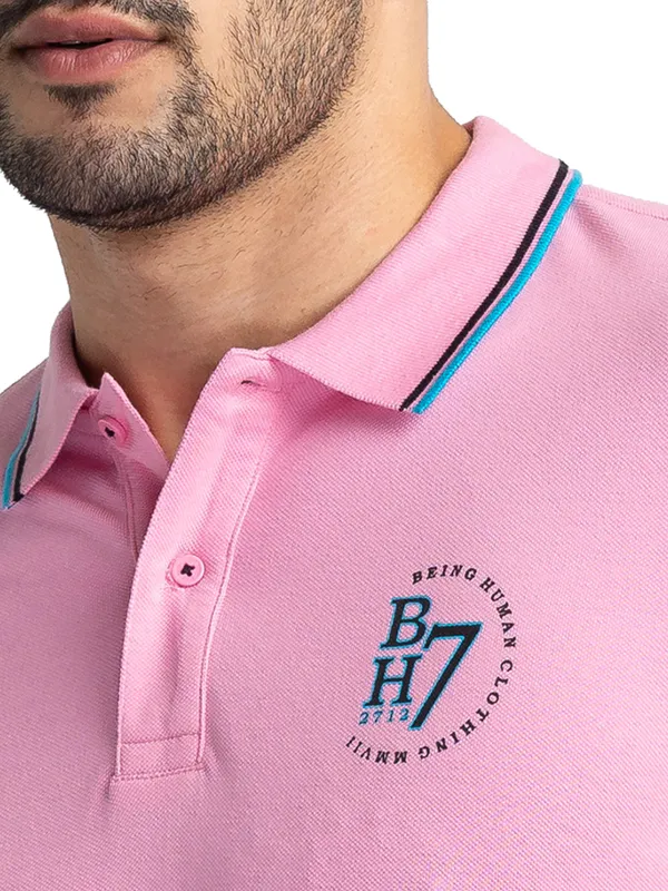 Being Human Clothing Men Regular Fit Polo Neck T-Shirts-Prism Pink