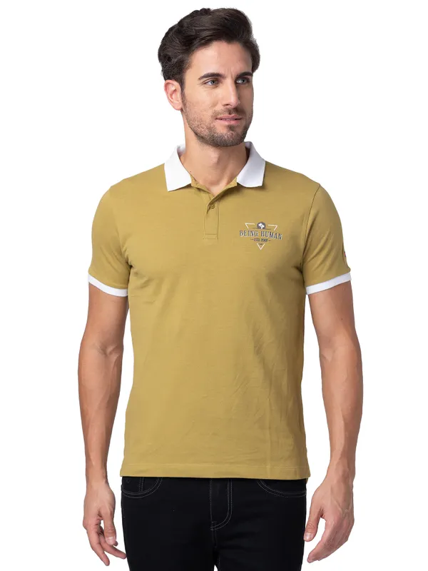 Being Human Regular Fit Men Polo Neck T-Shirts-Khaki