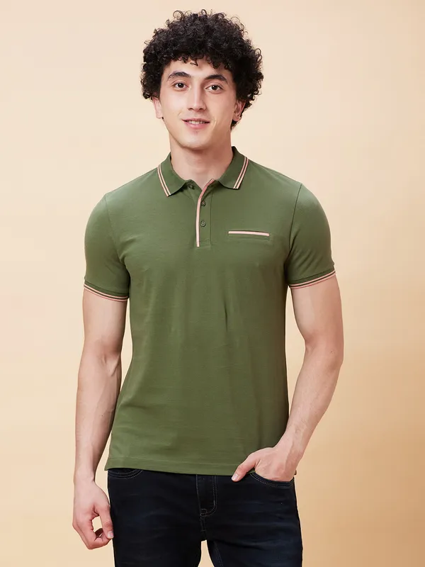 Being Human Regular Fit Men Polo Neck T-Shirts-Bronze Green