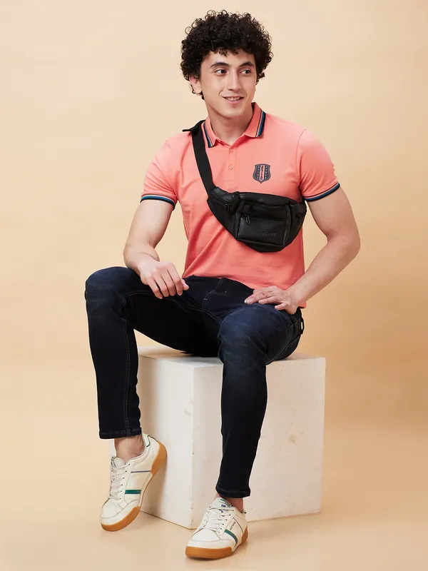 Being Human Regular Fit Men Polo Neck T-Shirts-Burnt Coral
